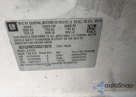 2016 GMC Sierra 1500 Slt from USA, damaged, VIN 3GTU2NEC3GG219679